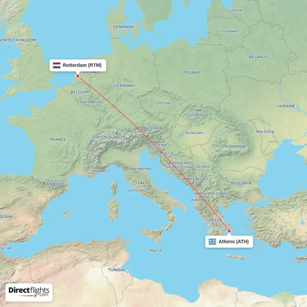 Athens - Rotterdam direct flight map