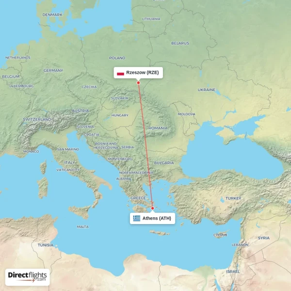 Athens - Rzeszow direct flight map