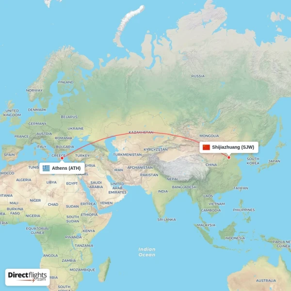 Athens - Shijiazhuang direct flight map
