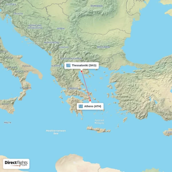 Athens - Thessaloniki direct flight map