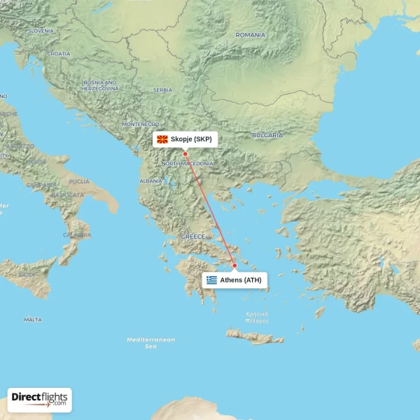 Athens - Skopje direct flight map