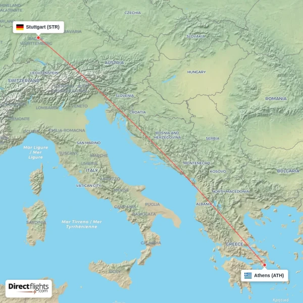 Athens - Stuttgart direct flight map
