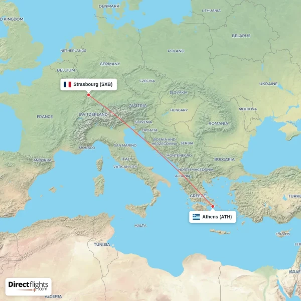 Athens - Strasbourg direct flight map