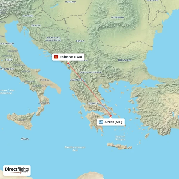 Athens - Podgorica direct flight map