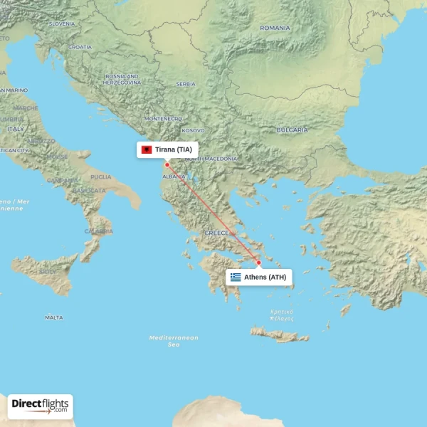 Athens - Tirana direct flight map
