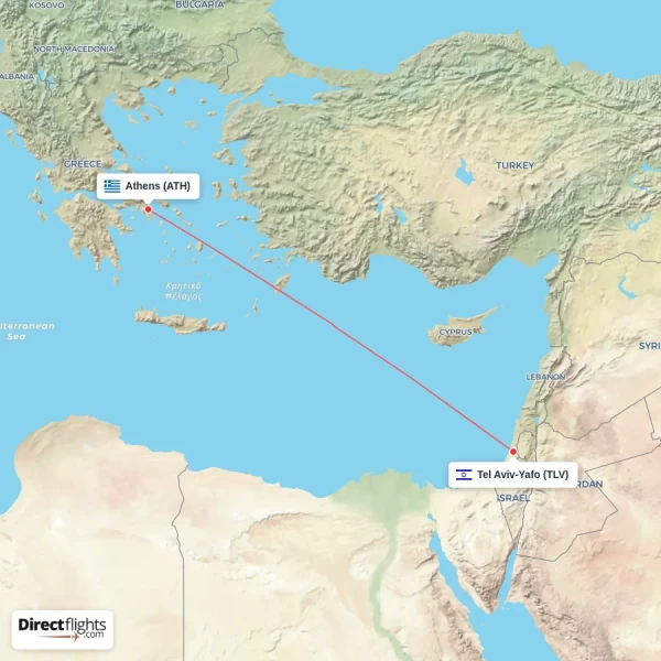 Athens - Tel Aviv-Yafo direct flight map