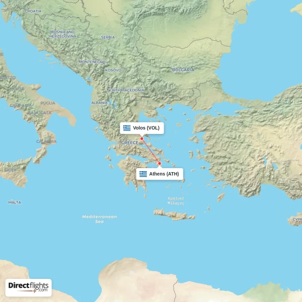 Athens - Volos direct flight map