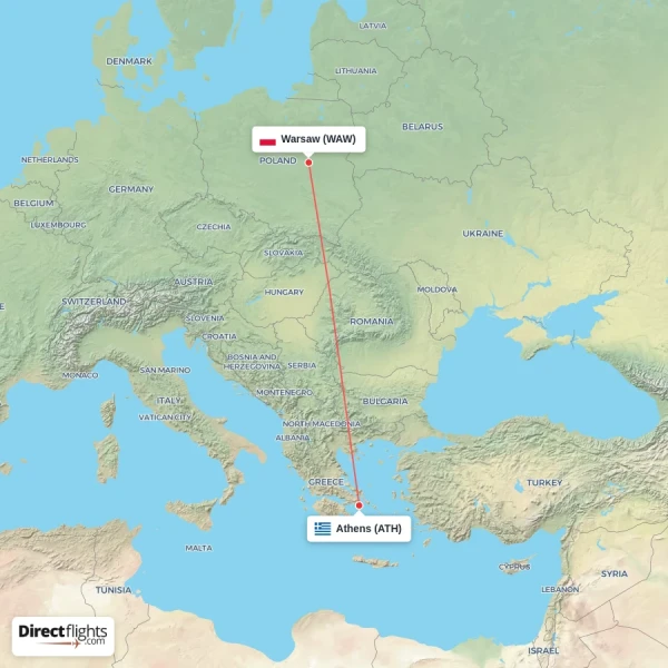 Athens - Warsaw direct flight map