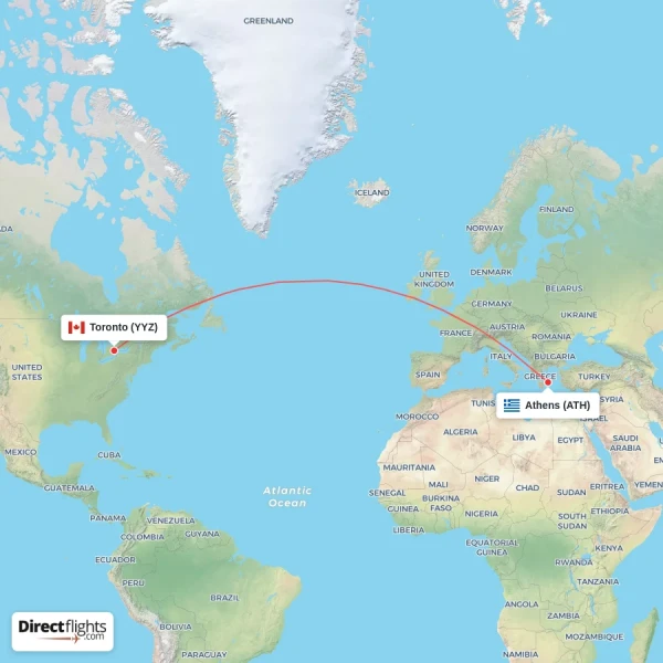Athens - Toronto direct flight map
