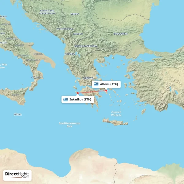 Athens - Zakinthos direct flight map