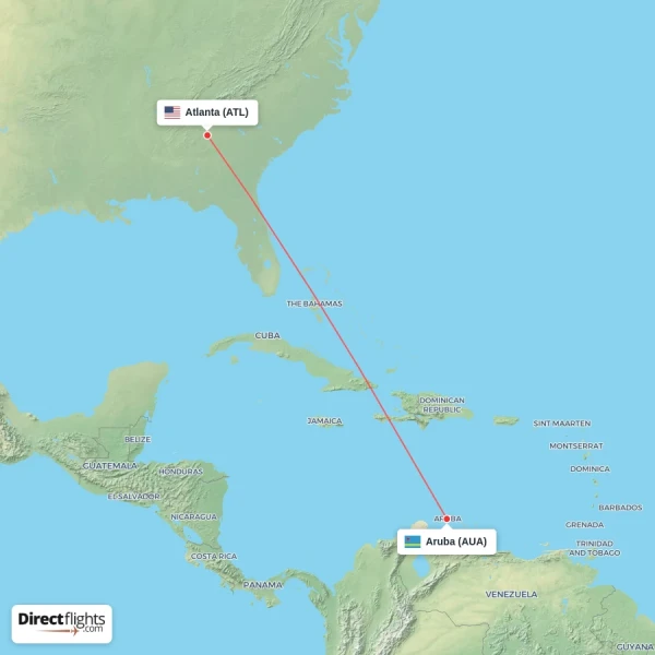 Atlanta - Aruba direct flight map