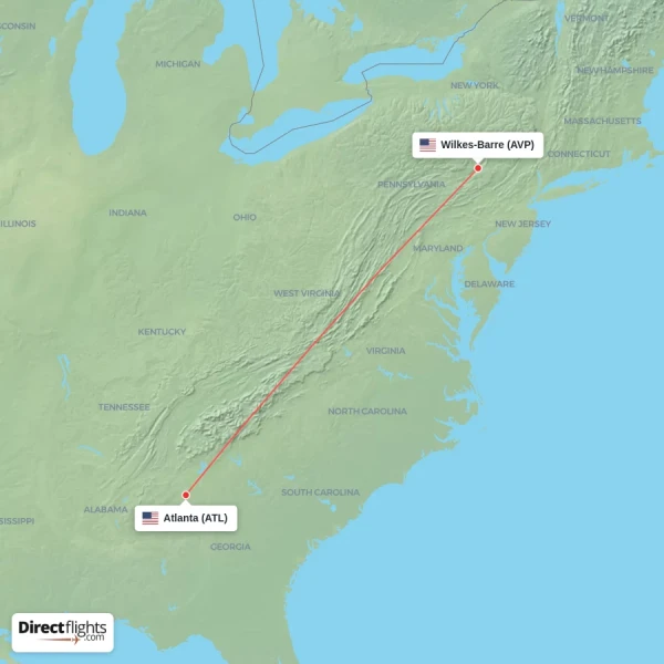 Atlanta - Wilkes-Barre direct flight map