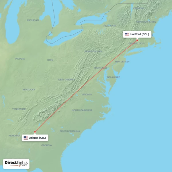 Atlanta - Hartford direct flight map
