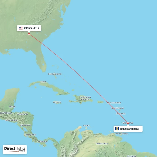 Atlanta - Bridgetown direct flight map