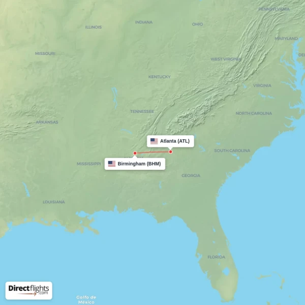 Atlanta - Birmingham direct flight map