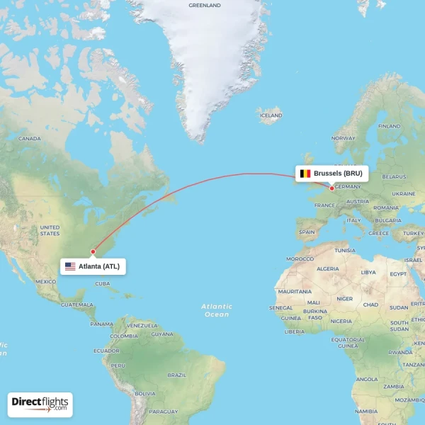 Atlanta - Brussels direct flight map