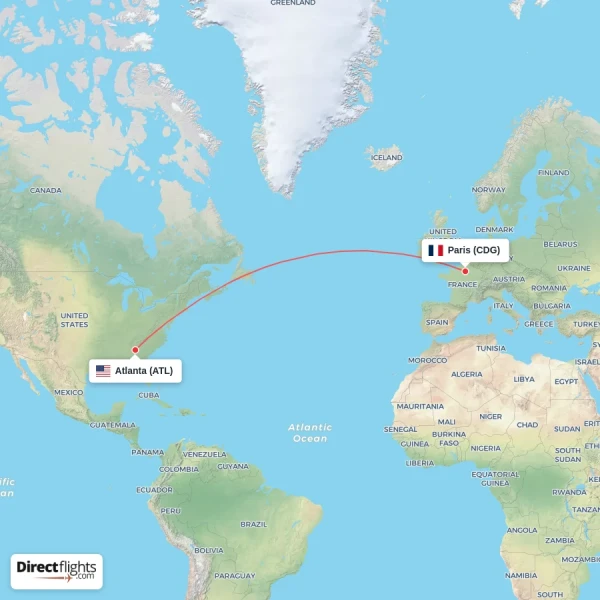 Atlanta - Paris direct flight map