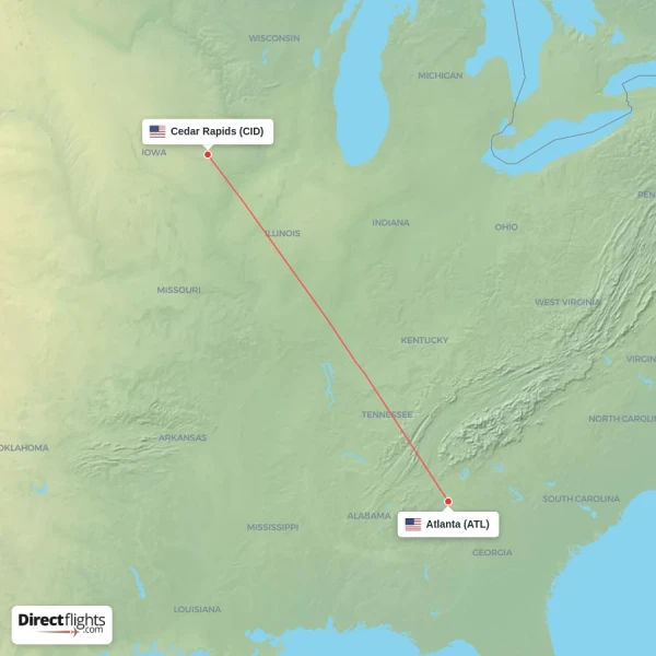 Atlanta - Cedar Rapids direct flight map