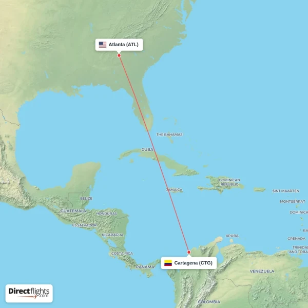 Atlanta - Cartagena direct flight map
