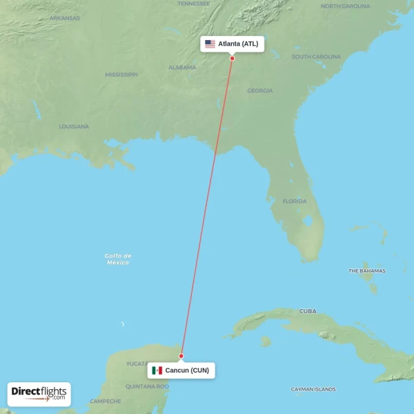 Atlanta - Cancun direct flight map