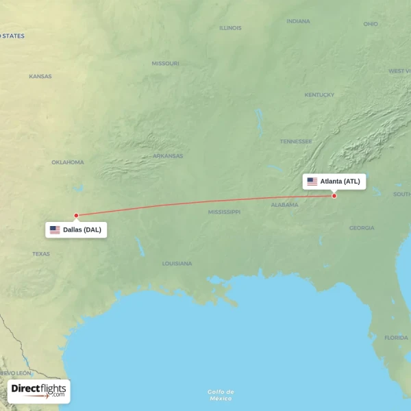Atlanta - Dallas direct flight map