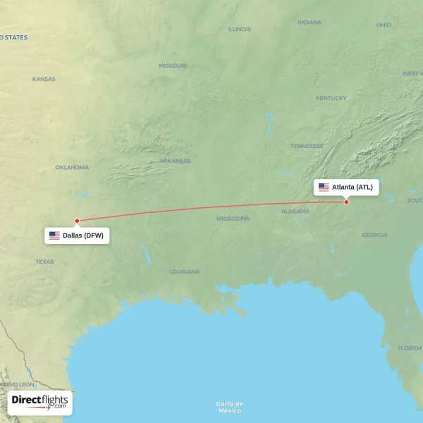 Atlanta - Dallas direct flight map