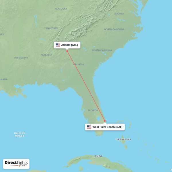 Atlanta - West Palm Beach direct flight map