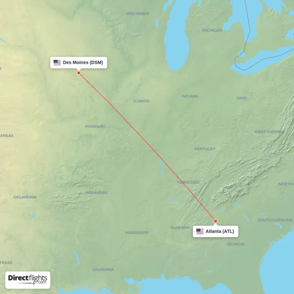 Atlanta - Des Moines direct flight map