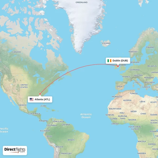 Atlanta - Dublin direct flight map
