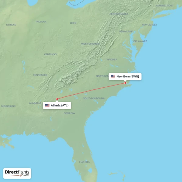 Atlanta - New Bern direct flight map