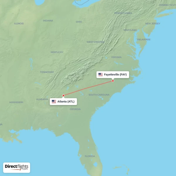 Atlanta - Fayetteville direct flight map