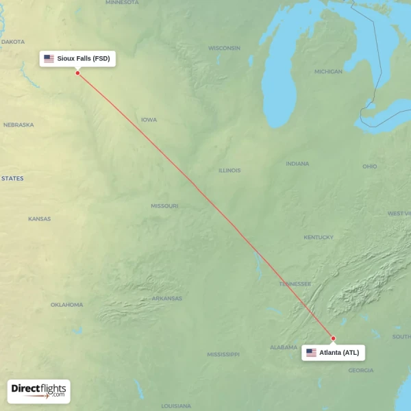 Atlanta - Sioux Falls direct flight map