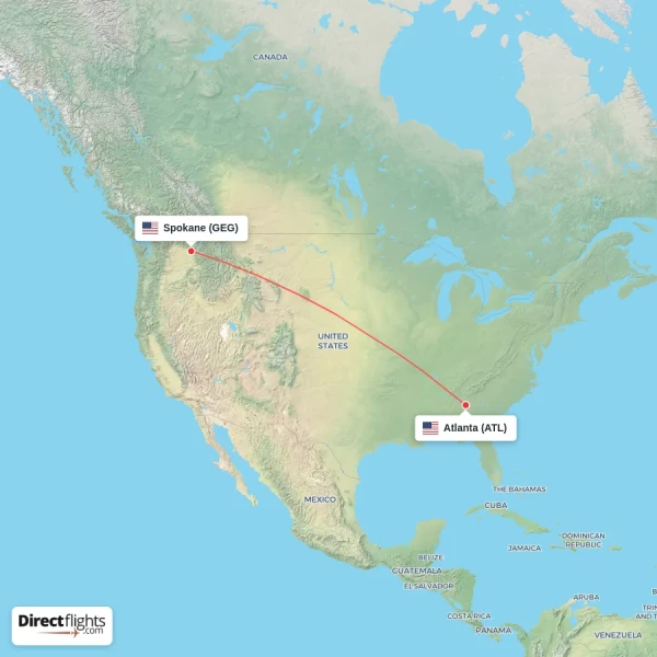 Atlanta - Spokane direct flight map