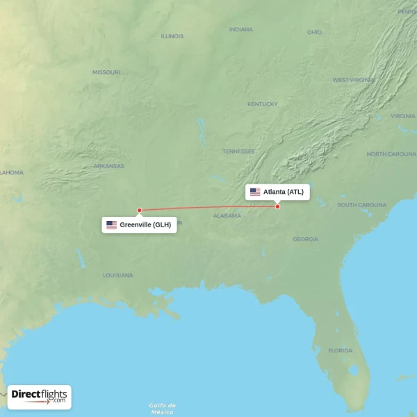 Atlanta - Greenville direct flight map