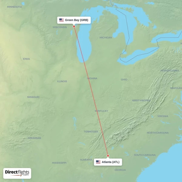 Atlanta - Green Bay direct flight map