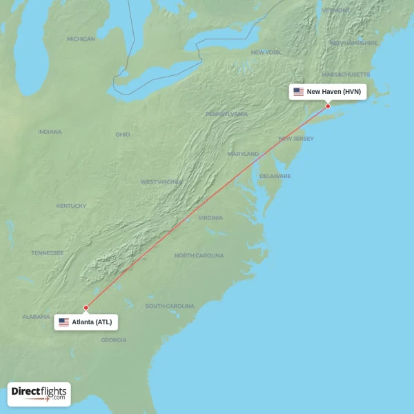 Atlanta - New Haven direct flight map