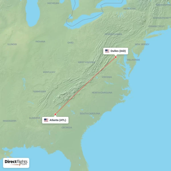Atlanta - Dulles direct flight map