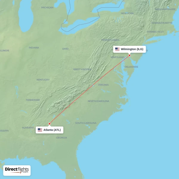 Atlanta - Wilmington direct flight map