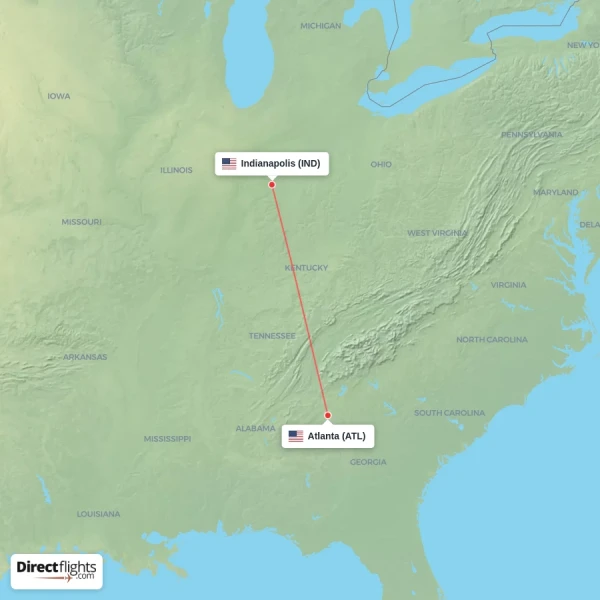 Atlanta - Indianapolis direct flight map