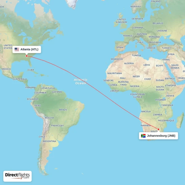 Atlanta - Johannesburg direct flight map