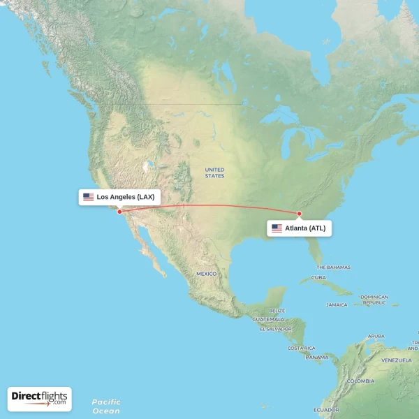Atlanta - Los Angeles direct flight map