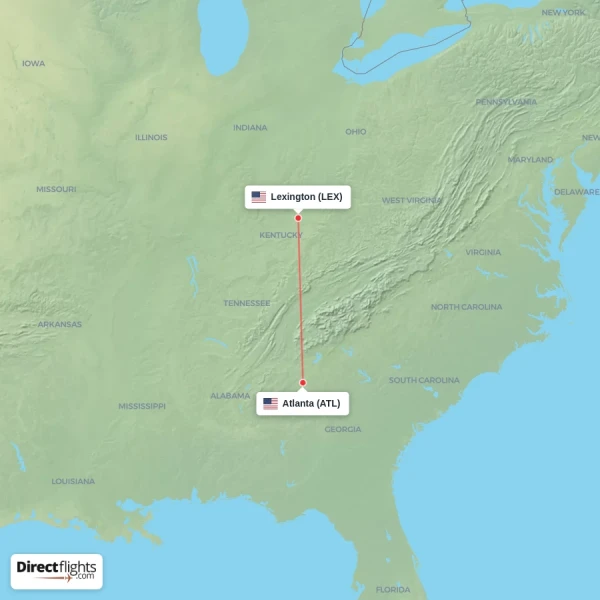 Atlanta - Lexington direct flight map