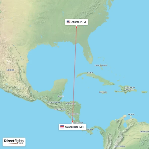 Atlanta - Guanacaste direct flight map