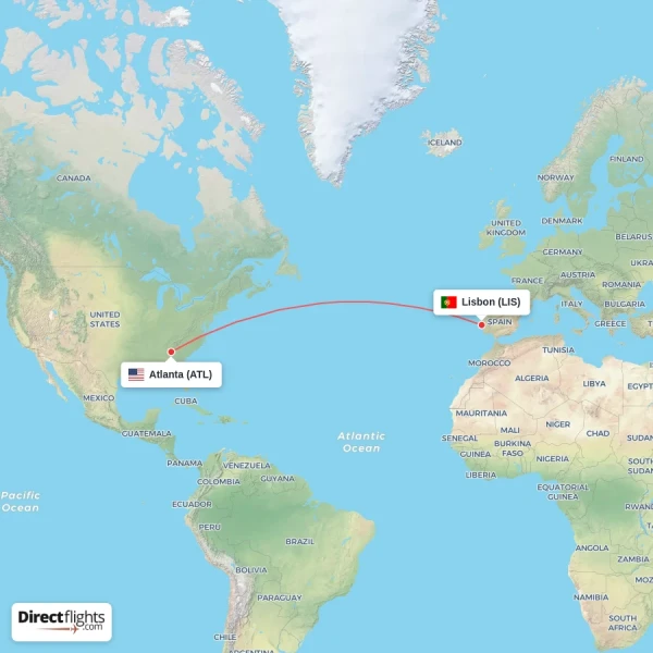 Atlanta - Lisbon direct flight map