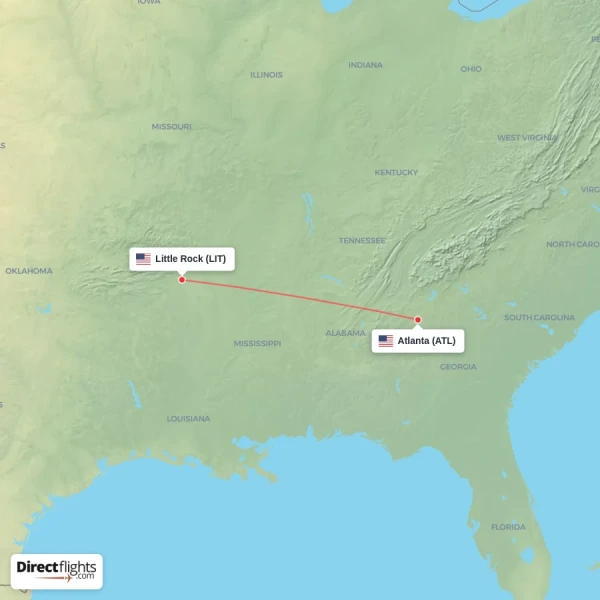 Atlanta - Little Rock direct flight map
