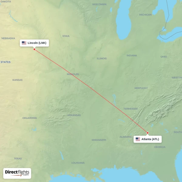 Atlanta - Lincoln direct flight map