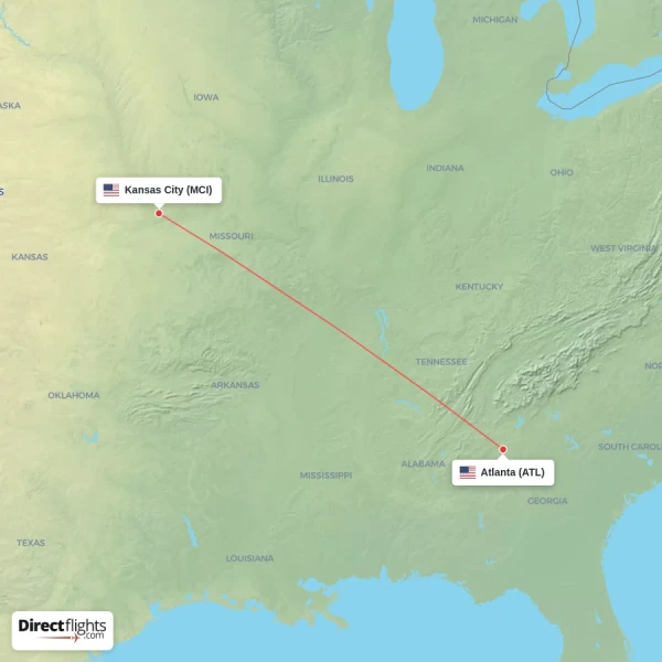 Atlanta - Kansas City direct flight map