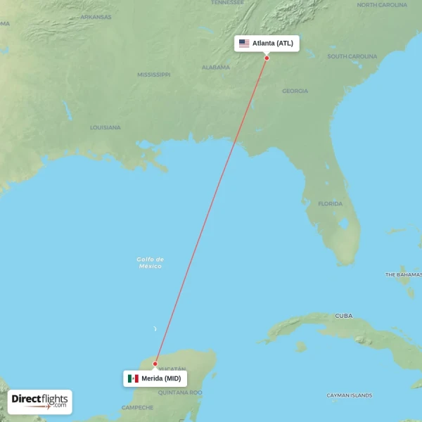 Atlanta - Merida direct flight map