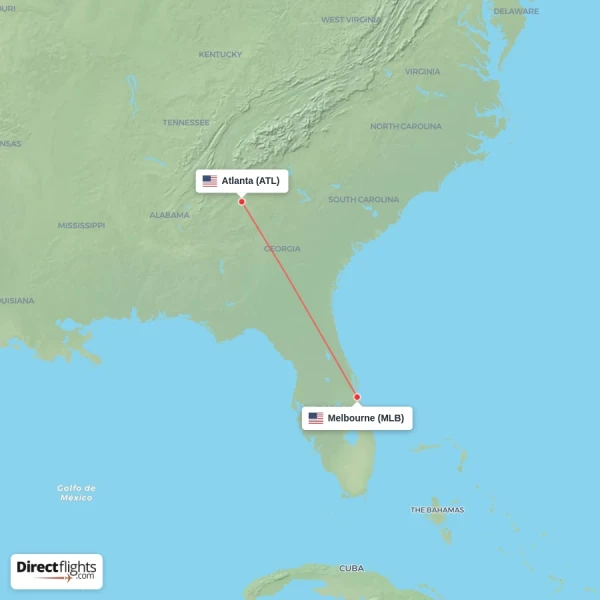 Atlanta - Melbourne direct flight map