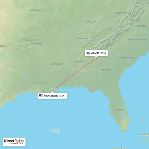 Atlanta - New Orleans direct flight map